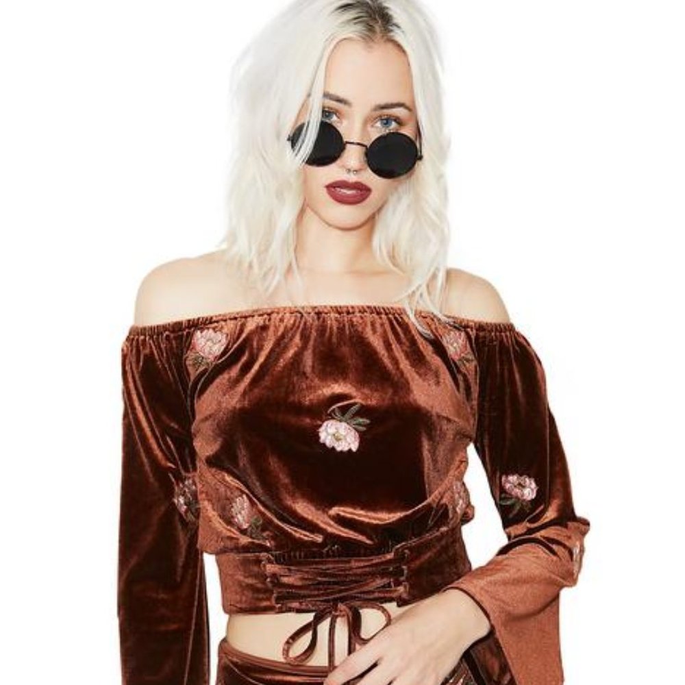 Dolls Kill Copper Brown Velvet Off-Shoulder Embroidered Crop Top